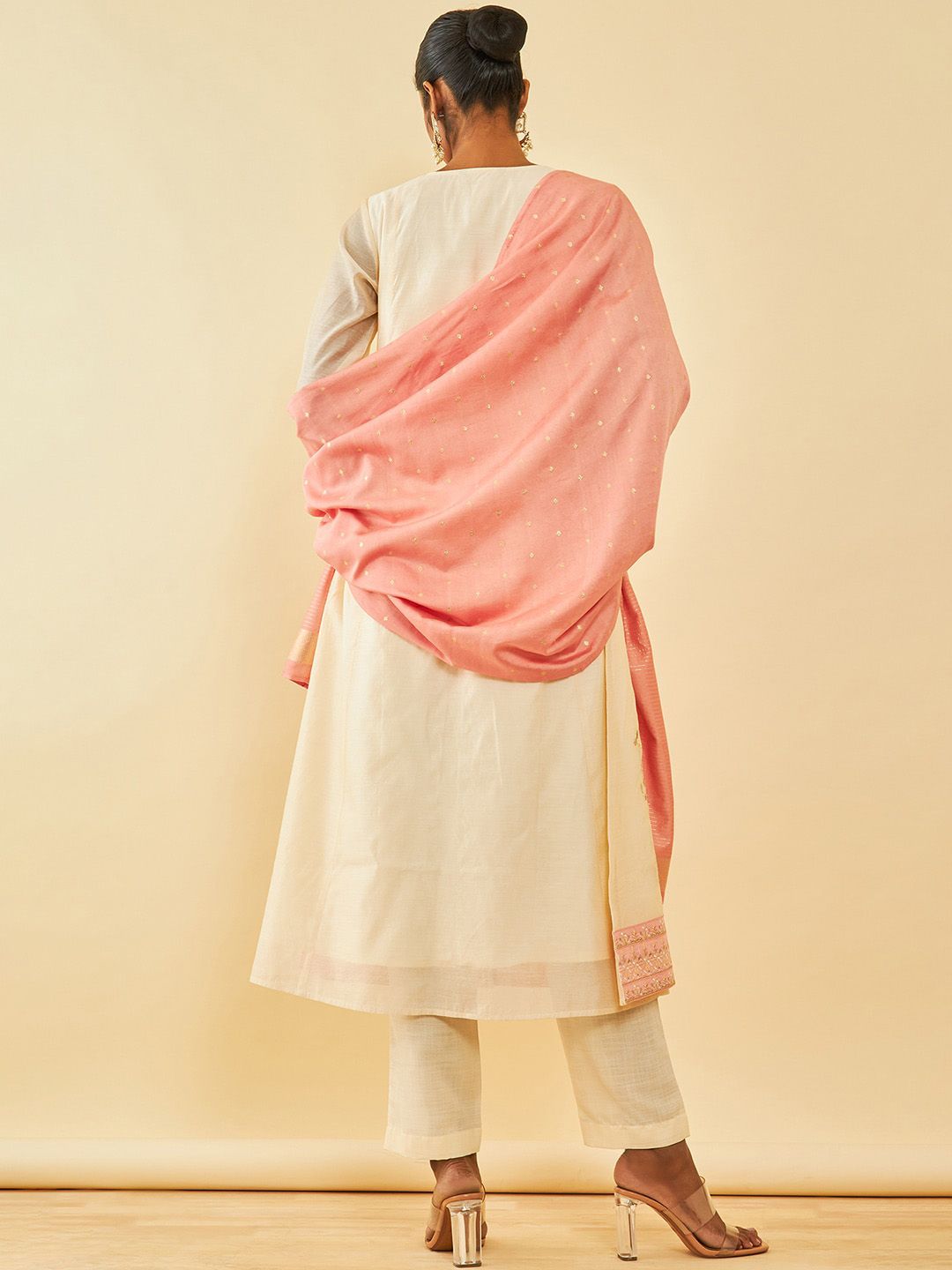 Dhiyona SO Women's Alina Cut Cream Ethnic Motifs Embroidered Thread Work A-Line Kurta With Trousers & Dupatta