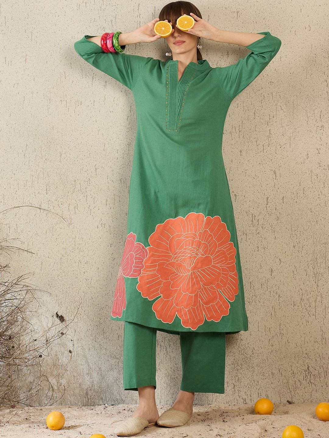 Dhiyona IE Women Embroidered Mandarin Collar Top and Trousers Co-Ords