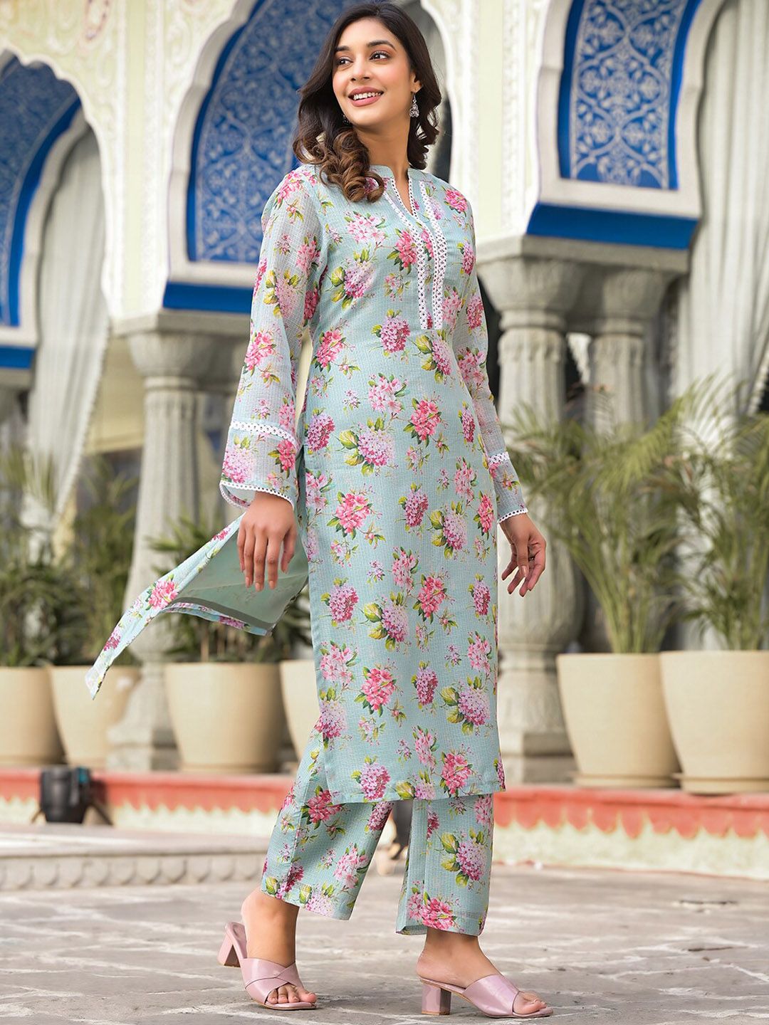 Dhiyona VA Women'sFloral Printed Long sleeves Calf Length Straight Kurta With Trouser