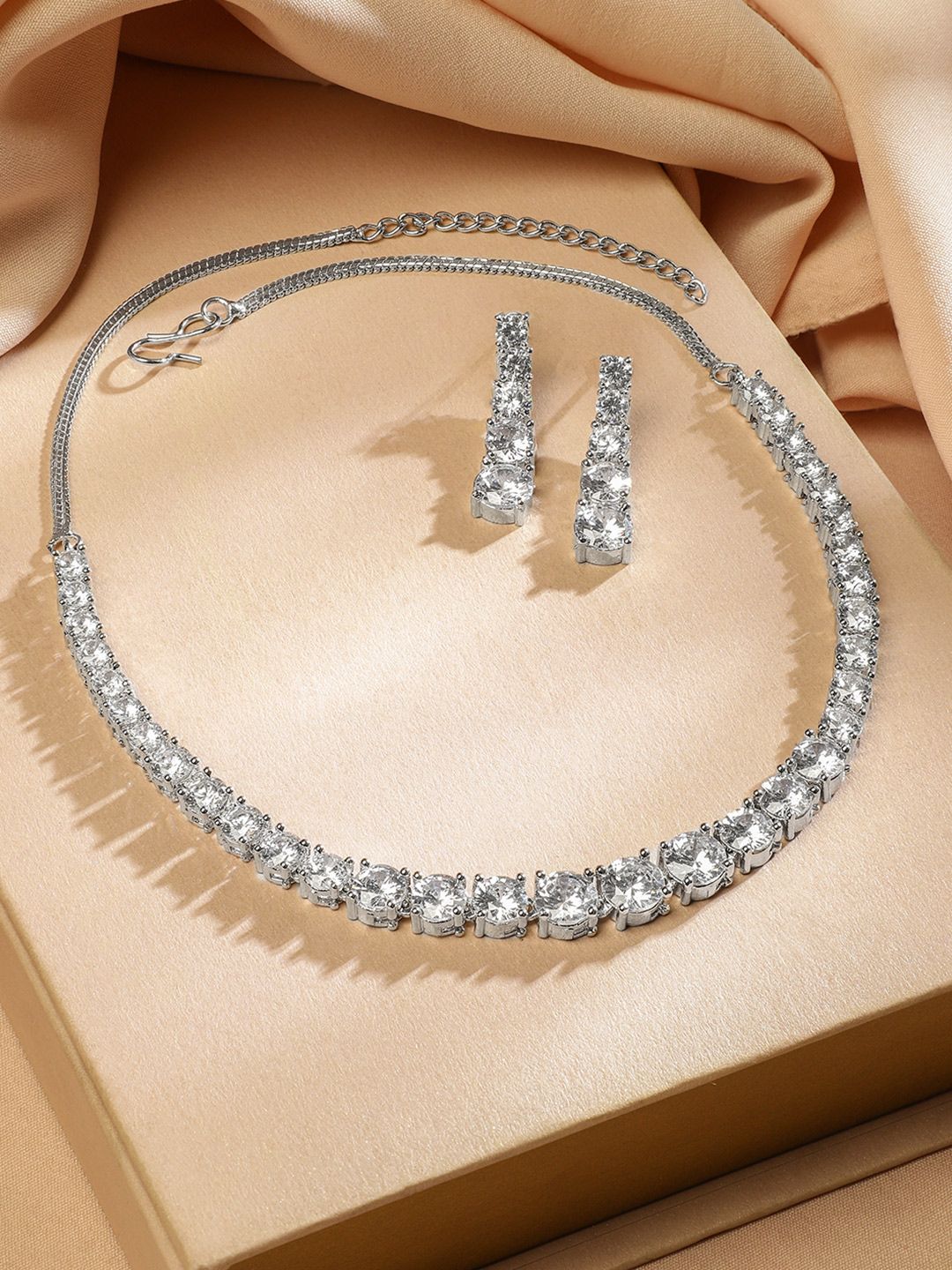 Dhiyona RJ Women's Rhodium-Plated White Cubic Zirconia Studded Tennis Necklace