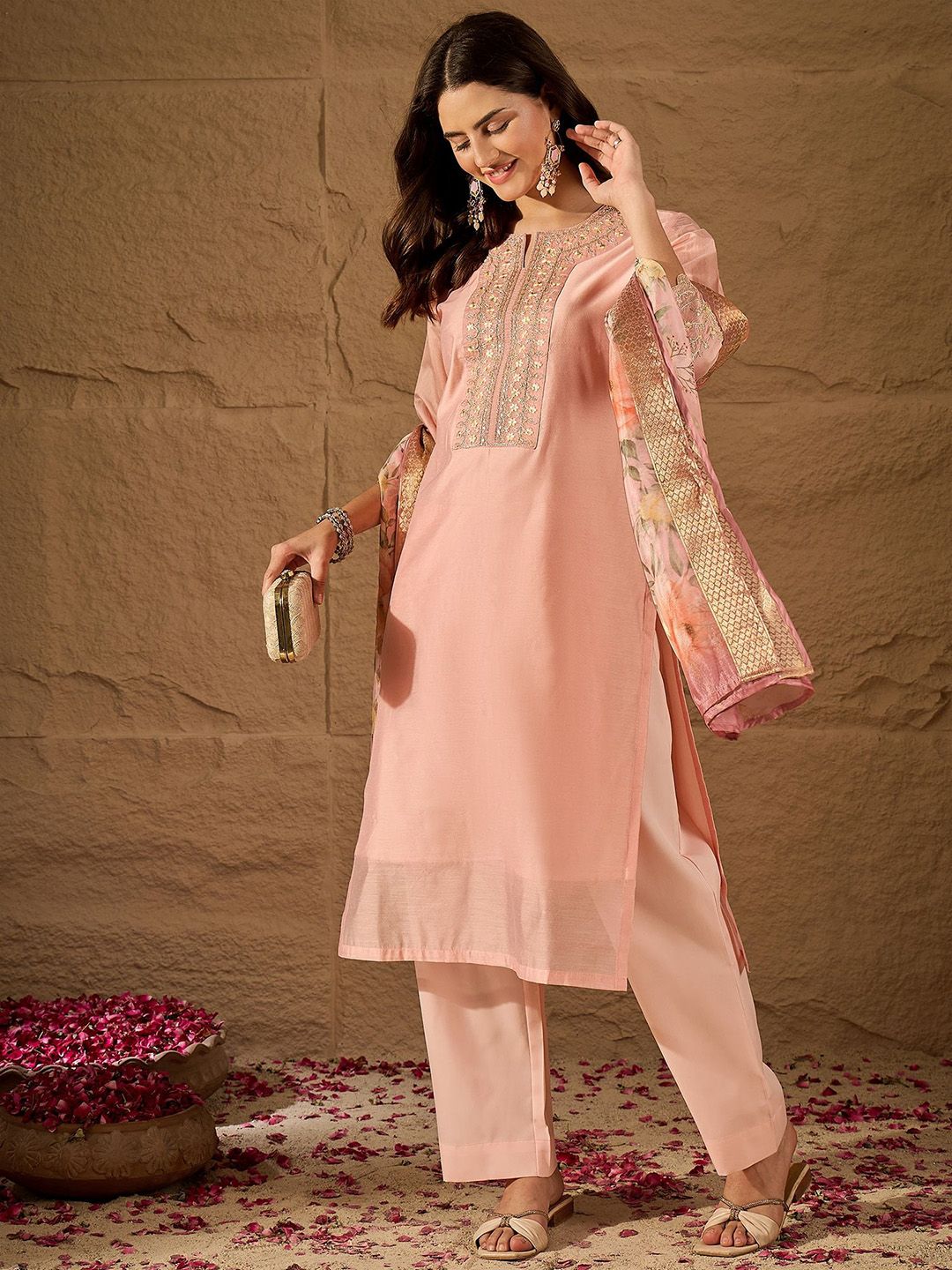 Dhiyona PD Women Embroidered Round Neck Kurta Trouser Dupatta Set