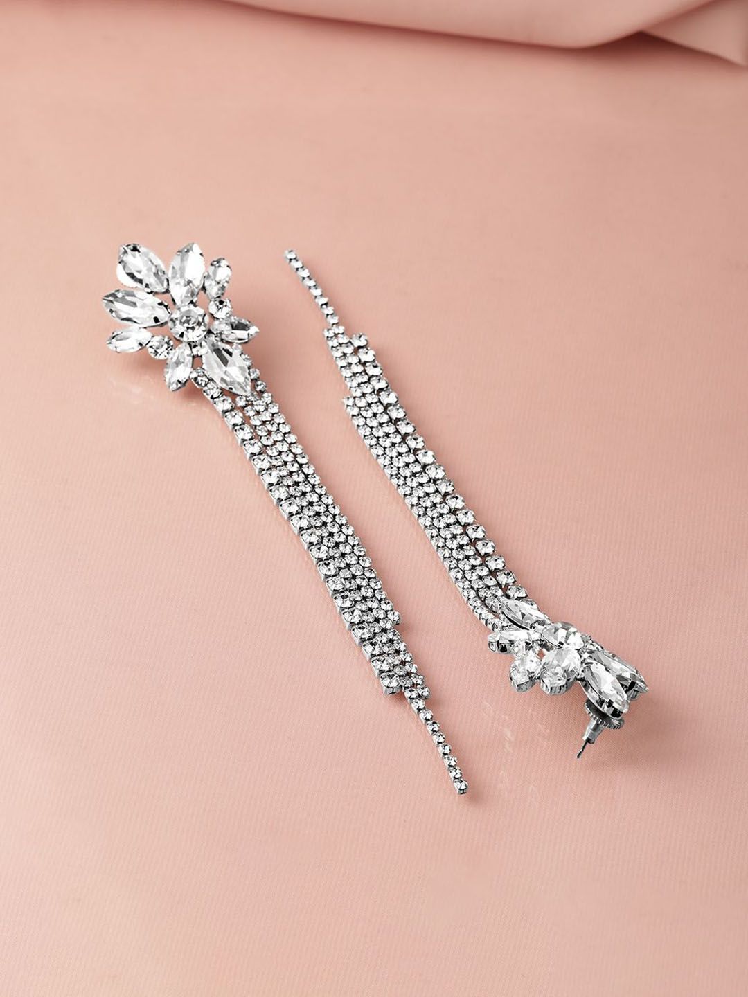 Dhiyona RJ Women's Rhodium Plated Crystal AD & Zirconia Studded MultiLayer Shoulder Drop Earrings