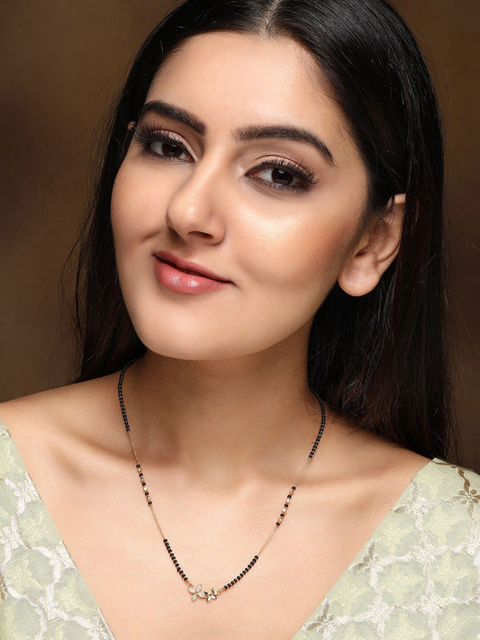 Dhiyona RJ Women's Women Gold Plated Handcrafted Zircon Studded & Black Beaded Mangalsutra