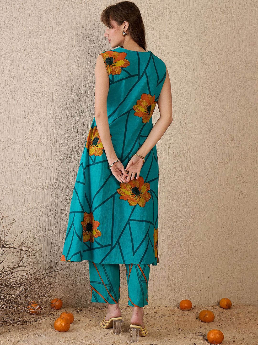 Dhiyona IE Floral Printed Pure Cotton A-Line Tunic With Trouser