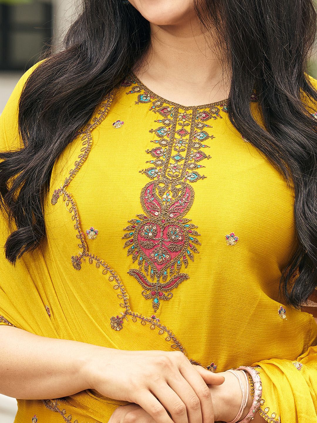 Dhiyona CH Embroidered Round Neck Chinon Sequinned Kurta With Palazzos & Dupatta