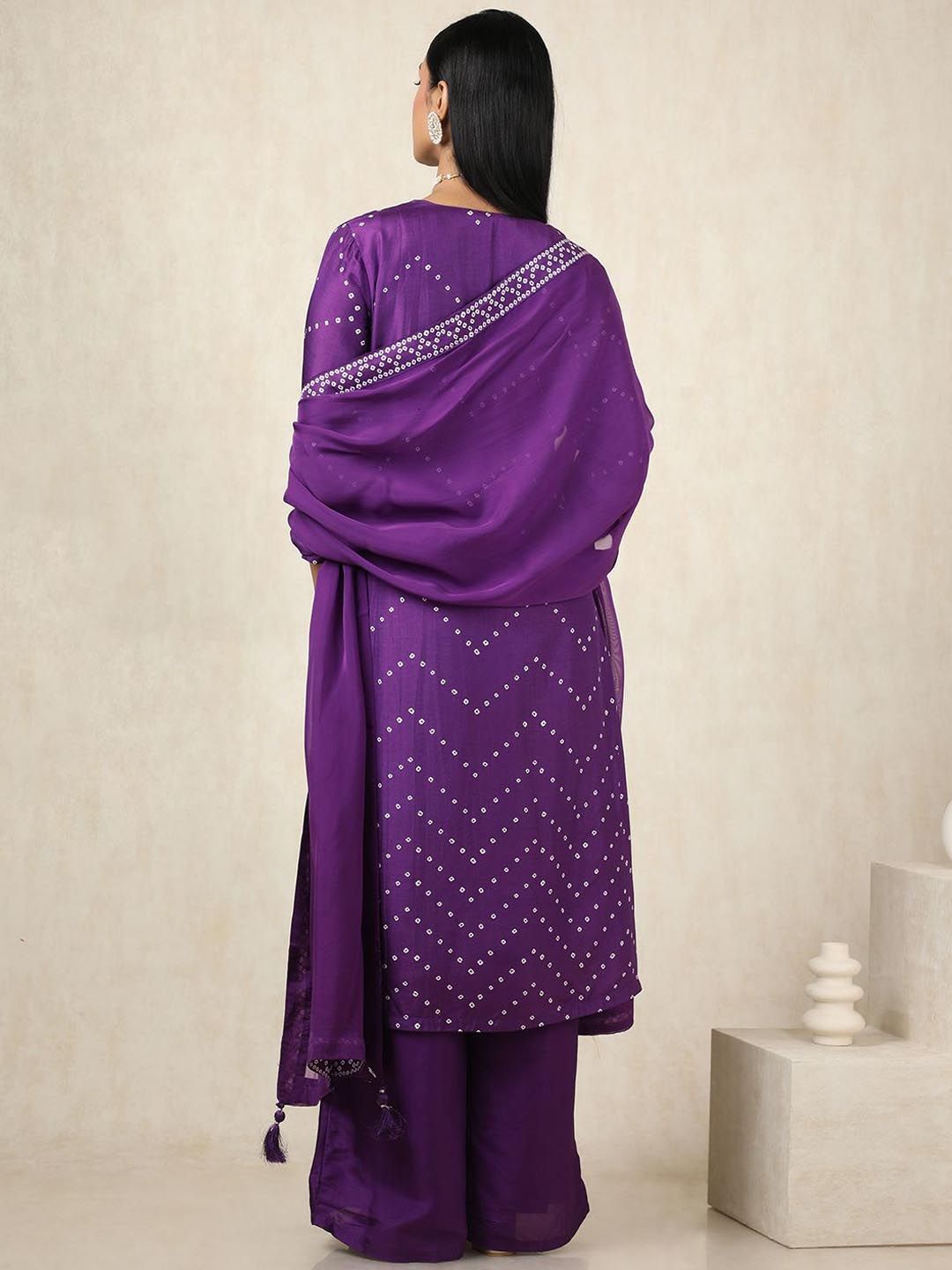 Dhiyona SO Women's Bandhani Printed V-Neck Beads And Stones Straight Kurta With Palazzos And Dupatta
