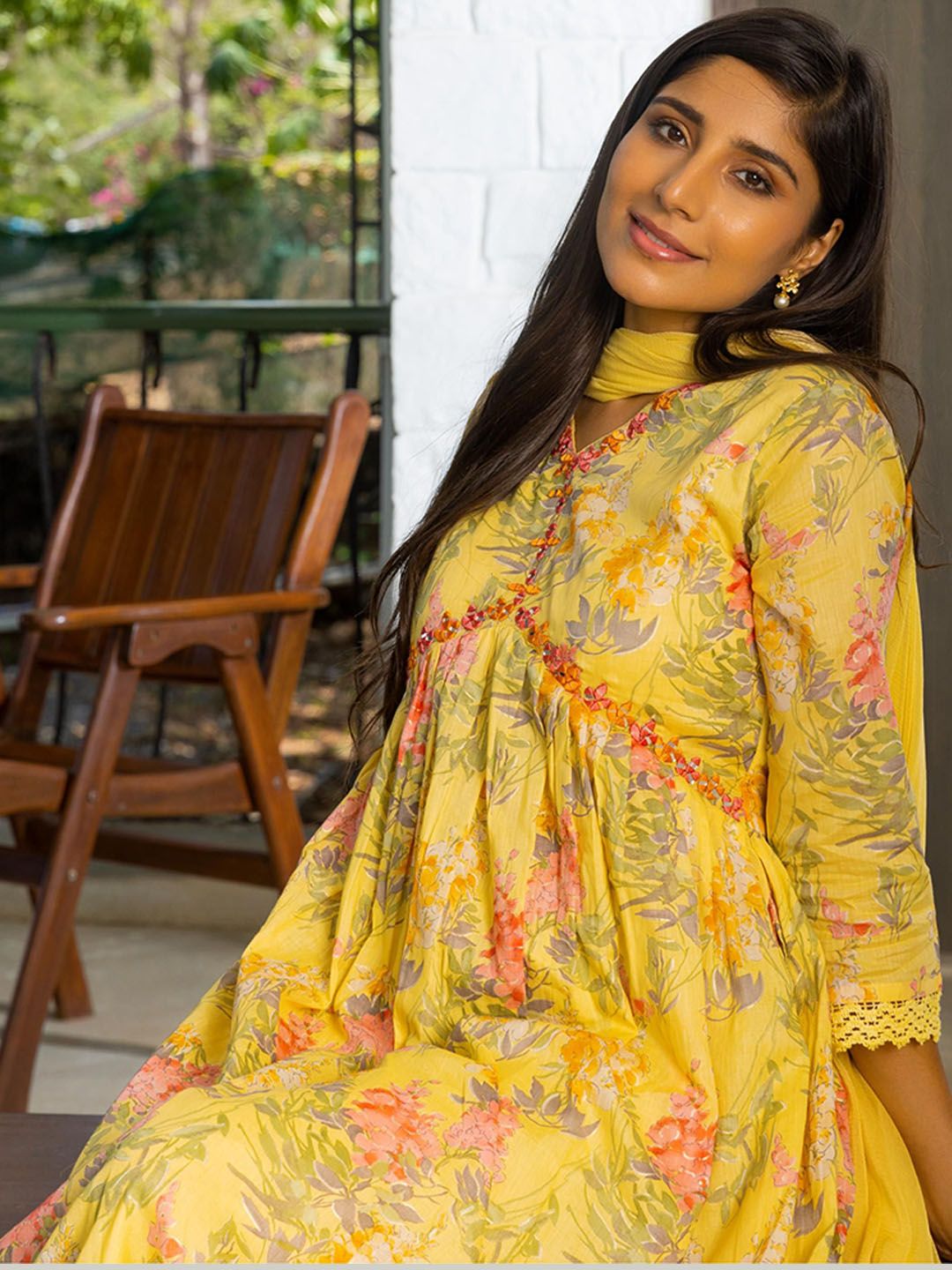 Dhiyona SN Women's Yellow Floral Printed Empire Pure Cotton Anarkali Kurta With Trousers & Dupatta