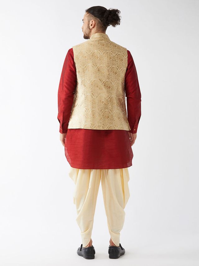 Men's Maroon Silk Blend Straight Jacket Kurta and Dhoti Set