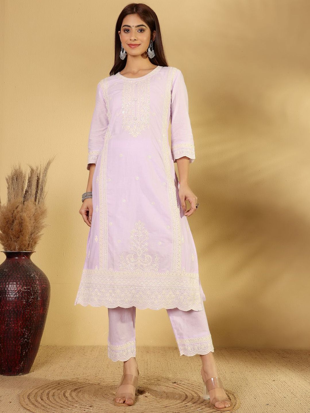 Dhiyona PD Women Floral Embroidered Pure Cotton Straight Kurta With Trousers And Dupatta