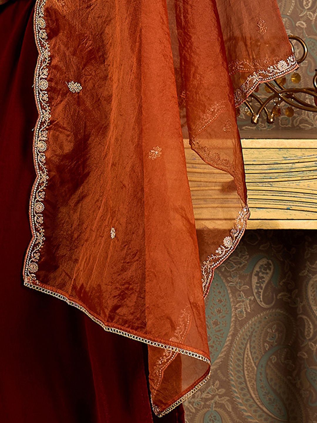 Dhiyona IE Ethnic Motifs Embroidered Thread Work Velvet Kurta with Trouser & Dupatta