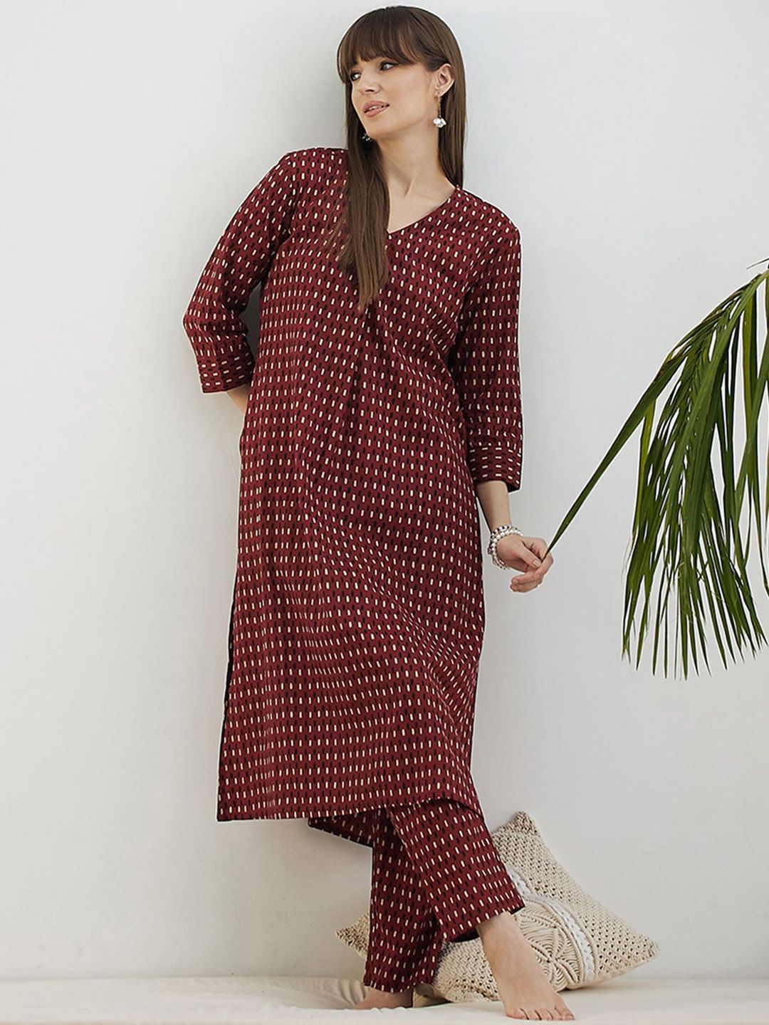 Dhiyona IE Printed Pure Cotton V-Neck Top With Trousers Co-Ords