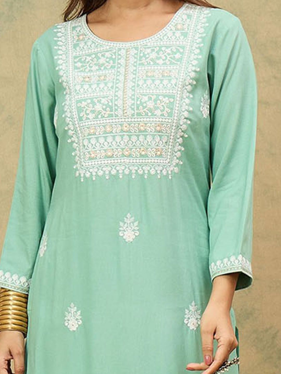 Dhiyona VA Women's Ethnic Motifs Embroidered Round Neck Straight Kurta with Trousers & Dupatta