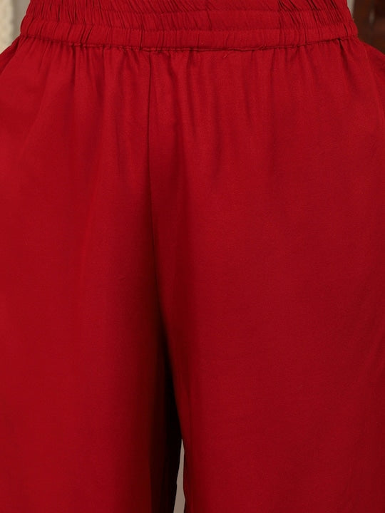 Dhiyona VR Women's Red Floral Printed Anarkali Kurta Paired With Tonal Bottom And Tonal Solid Chiffon Dupatta