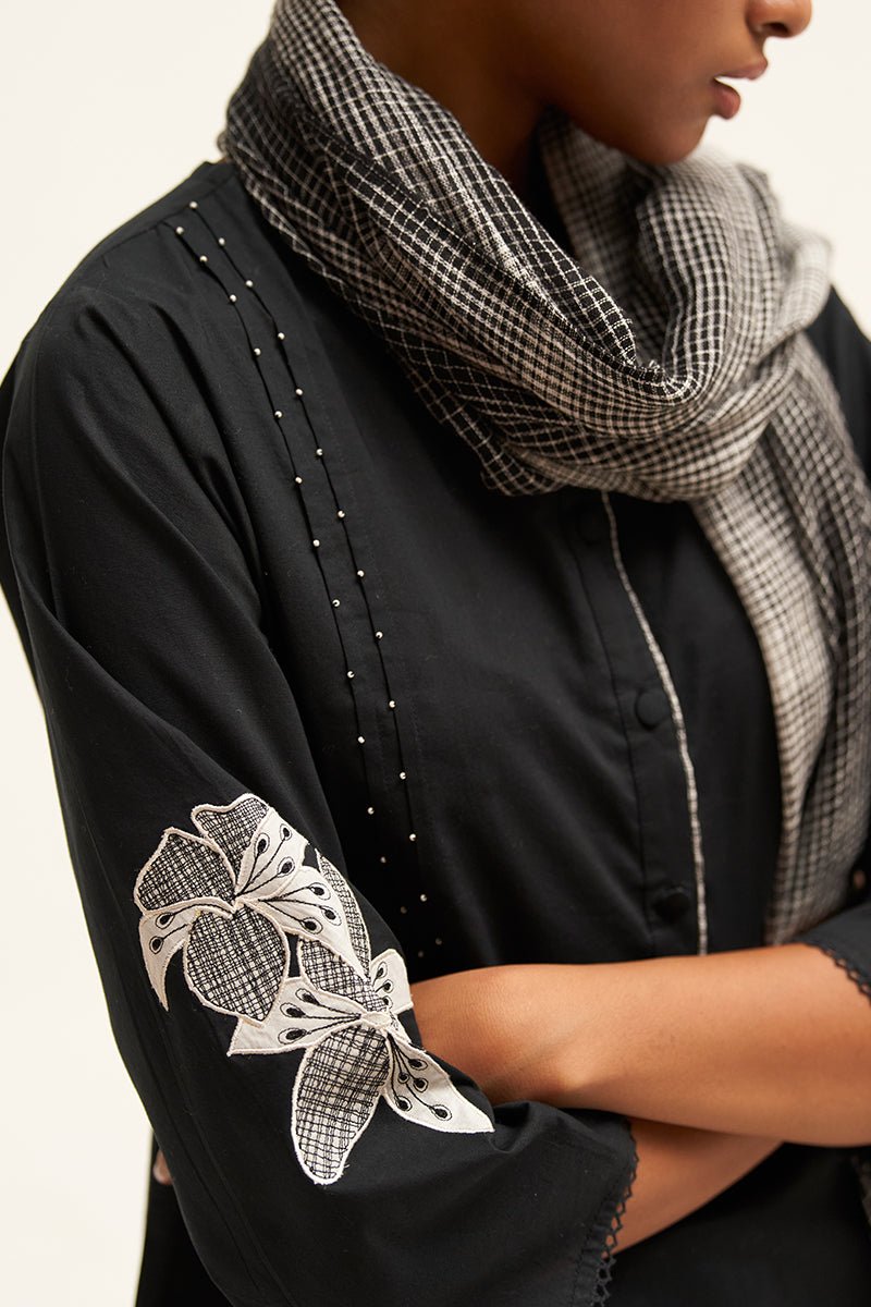 Women's Black Cotton Kurta Set With Pure Linen Woven Dupatta