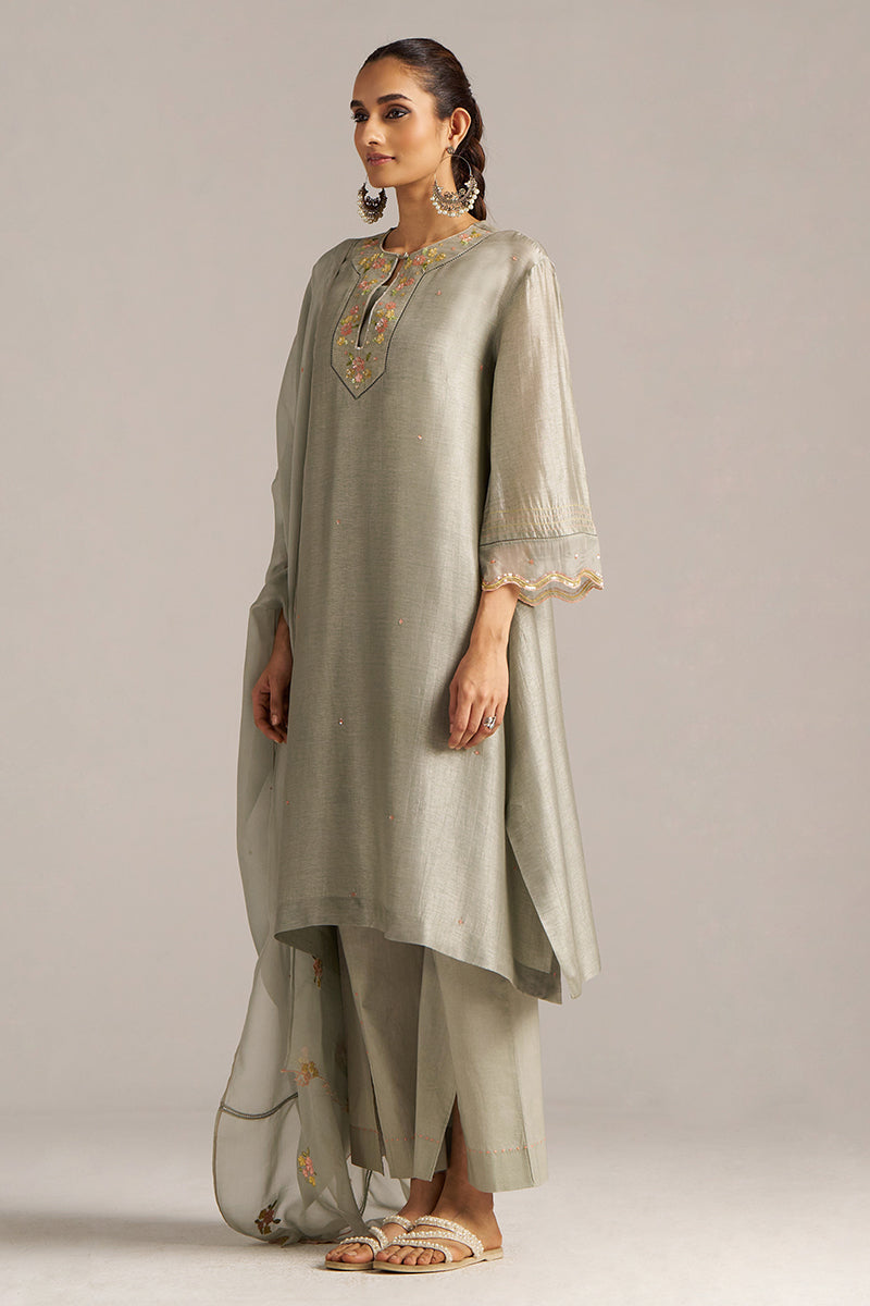 Dhiyona GF Women's Seagrass Grey Raw Silk Festive Kurta Set