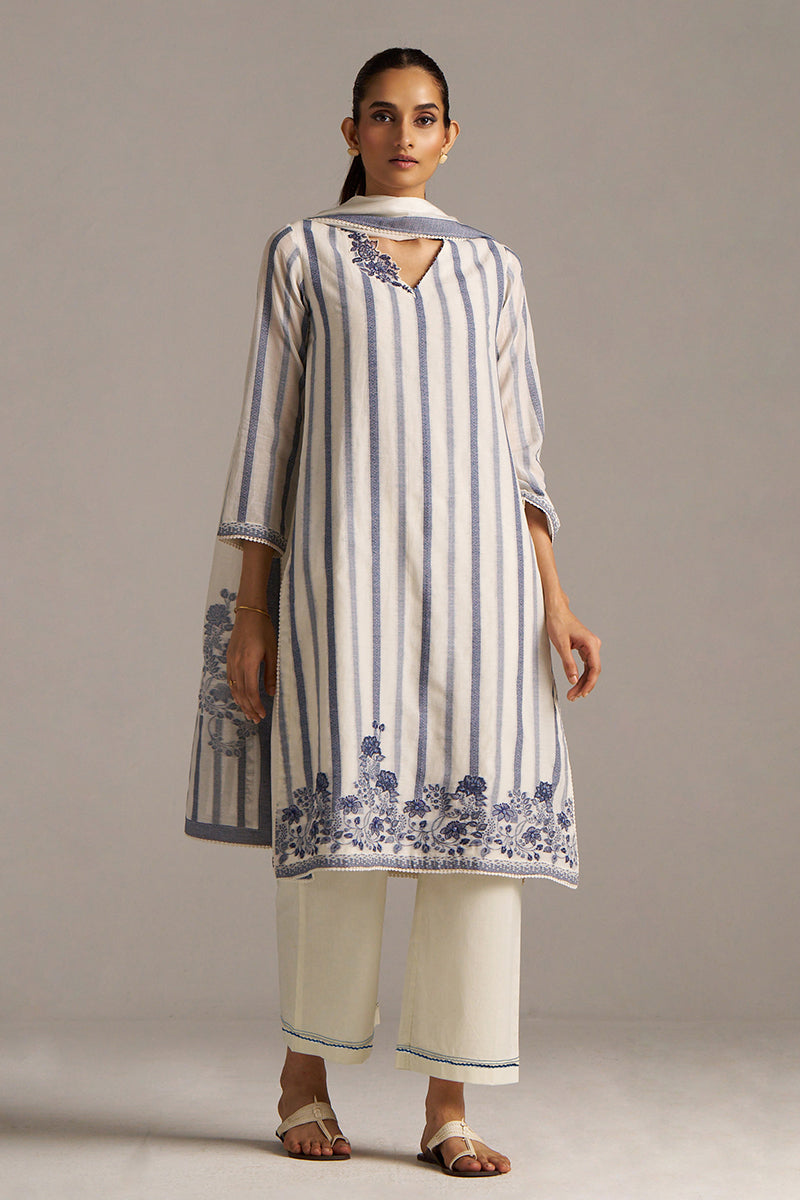 Dhiyona GF Women's Off-White And Blue Woven-Chanderi Kurta Set