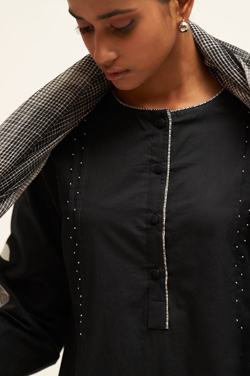 Women's Black Cotton Kurta Set With Pure Linen Woven Dupatta