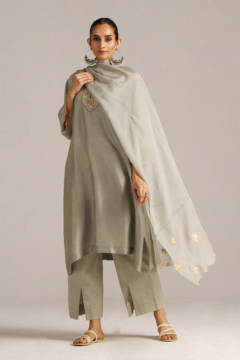 Dhiyona GF Women's Seagrass Grey Raw Silk Festive Kurta Set