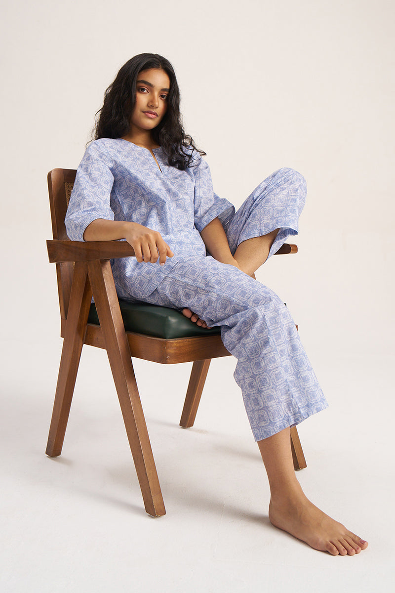 Women's Powder Blue and White Pure Cotton Loungewear