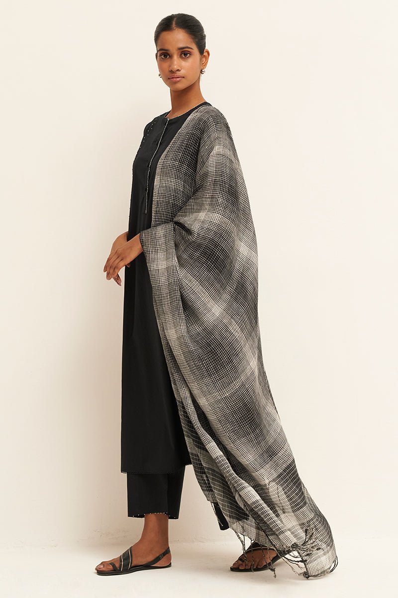 Women's Black Cotton Kurta Set With Pure Linen Woven Dupatta