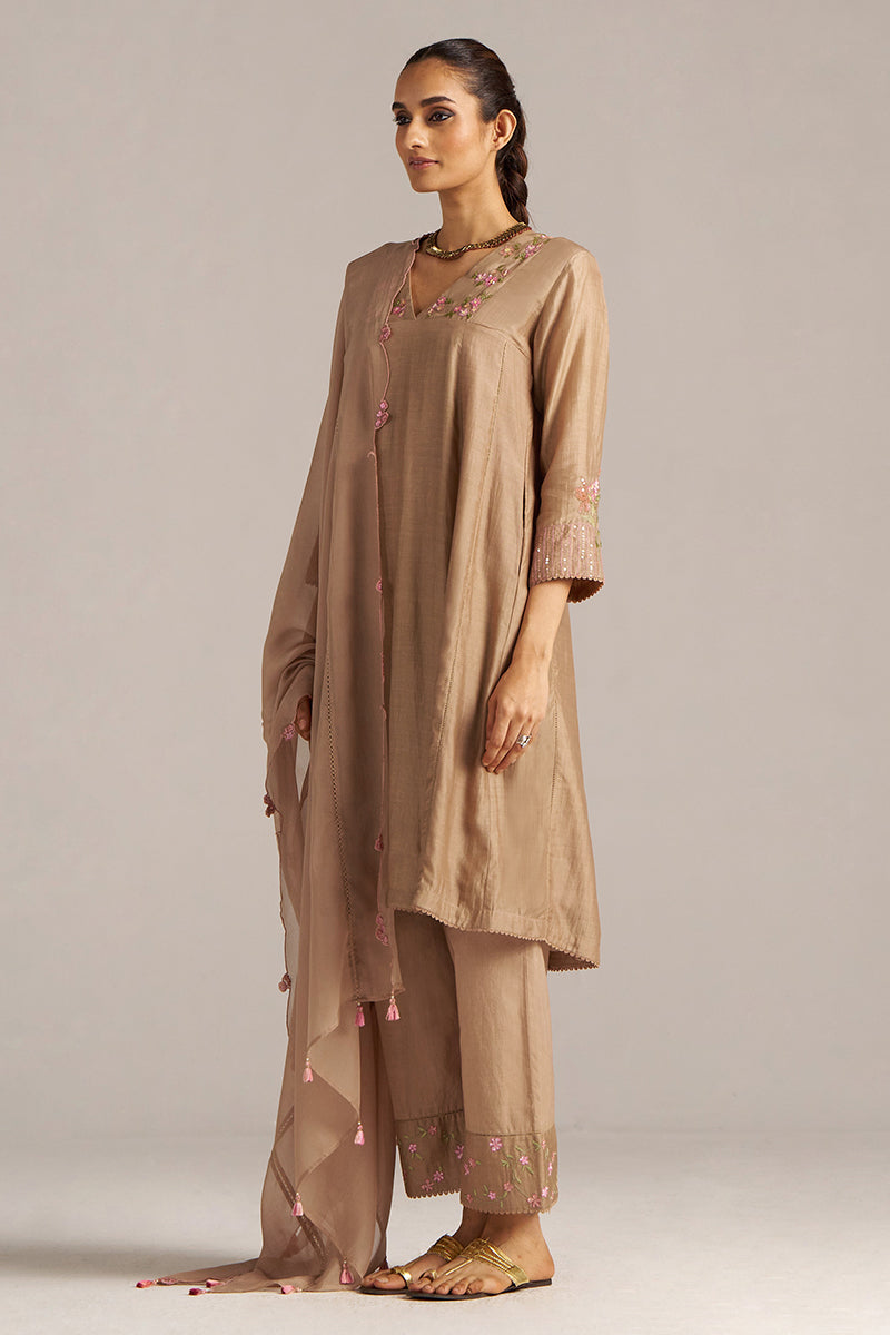 Dhiyona GF Women's Praline Brown Bemberg Silk Festive Kurta Set