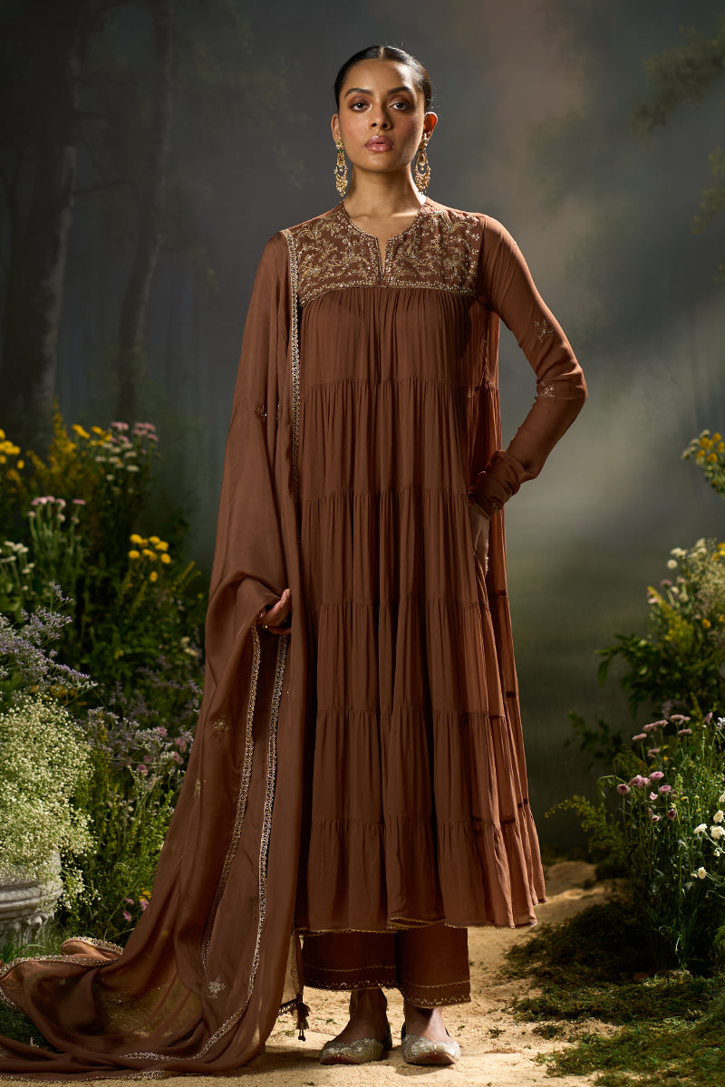 Dhiyona GF carob brown georgette festive kurta set