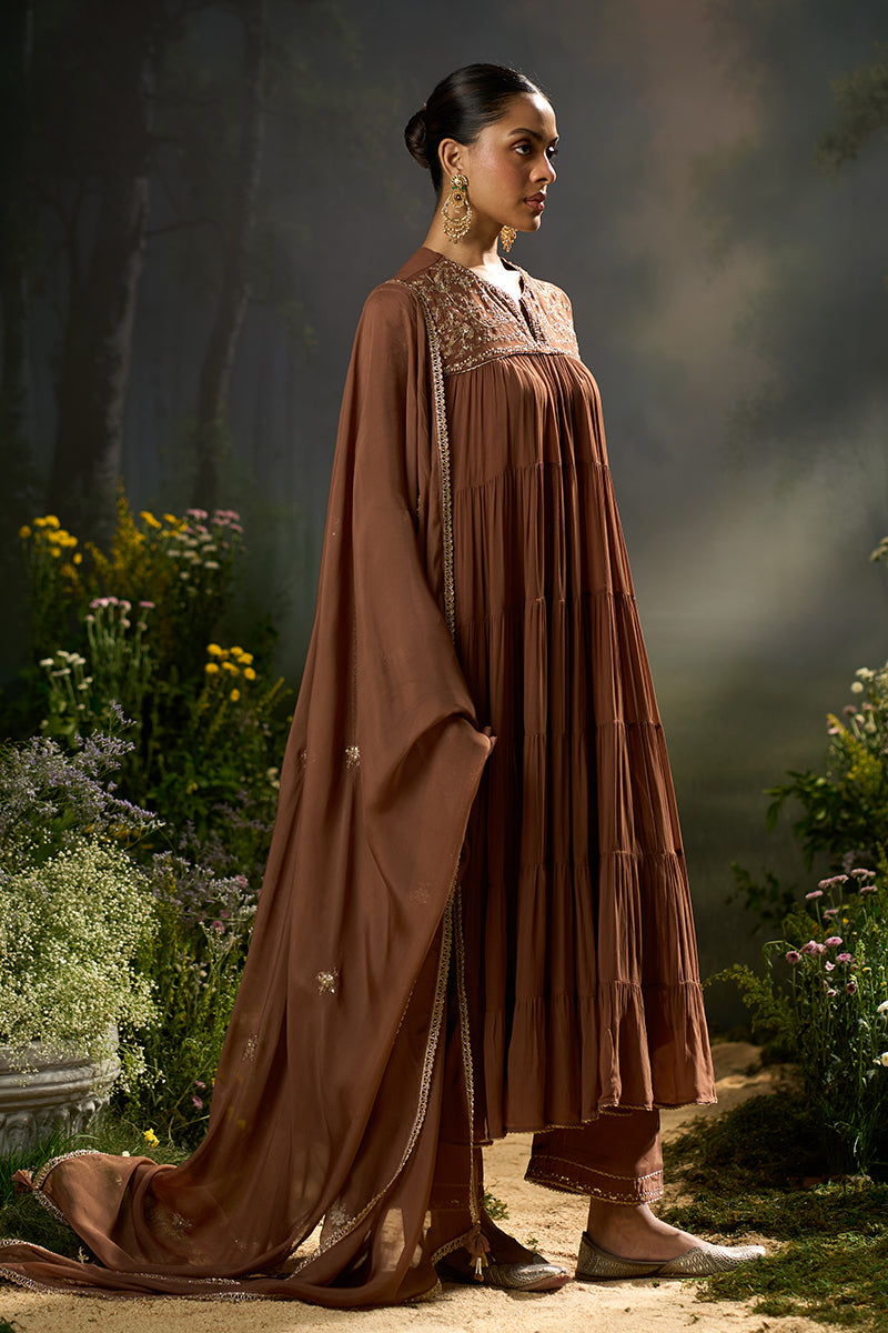 Dhiyona GF carob brown georgette festive kurta set