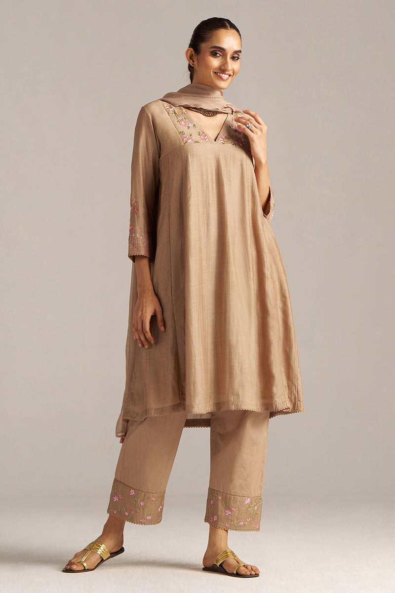 Dhiyona GF Women's Praline Brown Bemberg Silk Festive Kurta Set