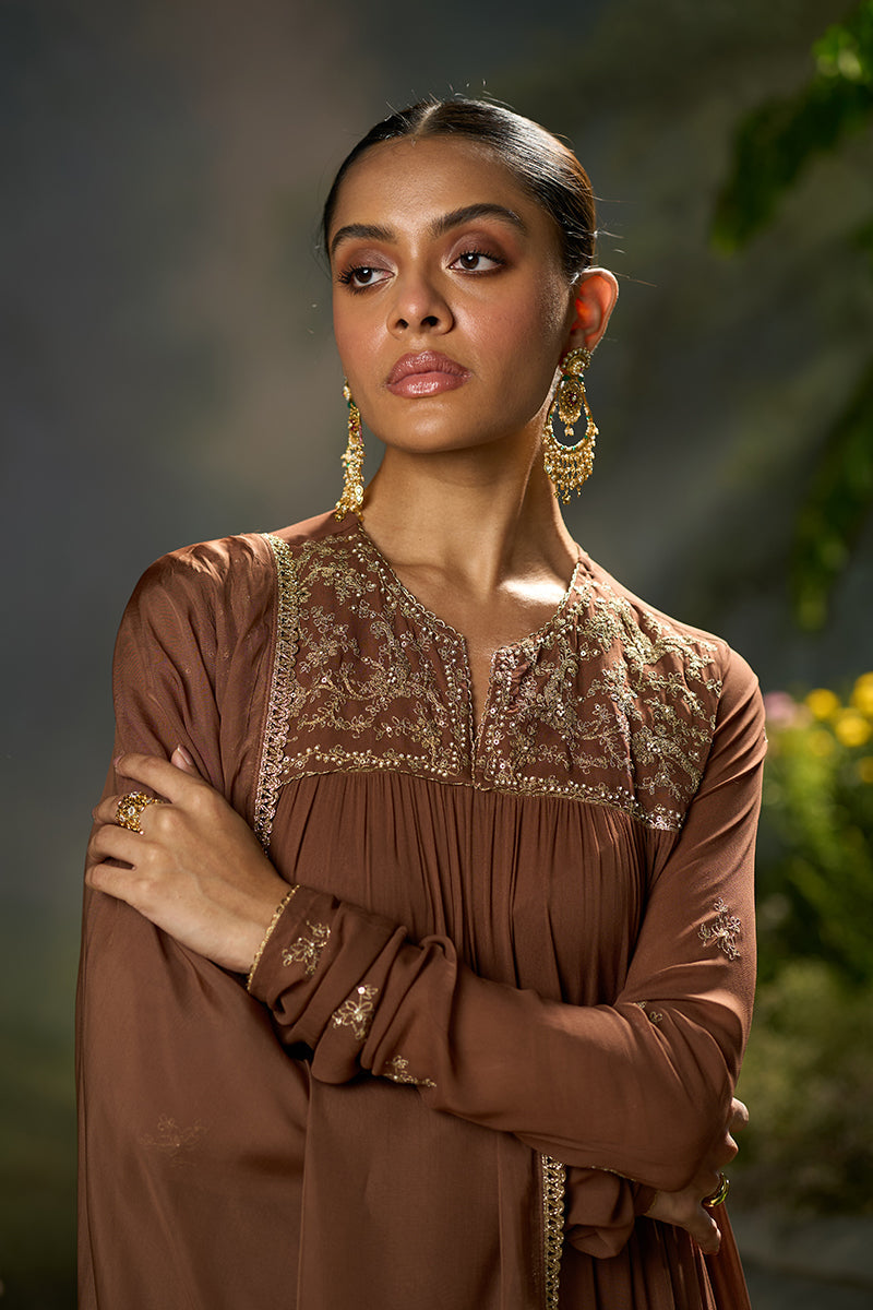 Dhiyona GF carob brown georgette festive kurta set