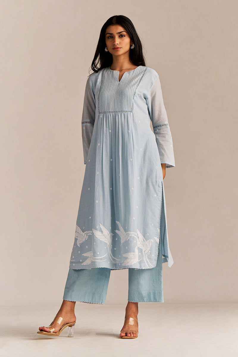 Dhiyona GF Women's Powder Blue Mul-Mul Embroidered Kurta Set