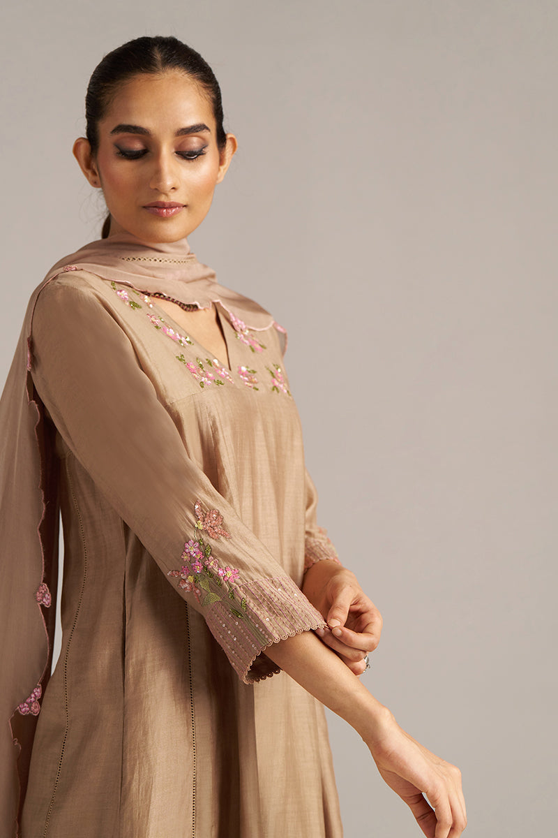 Dhiyona GF Women's Praline Brown Bemberg Silk Festive Kurta Set
