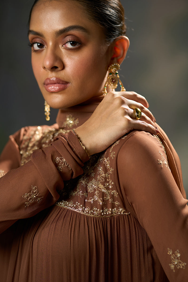Dhiyona GF carob brown georgette festive kurta set