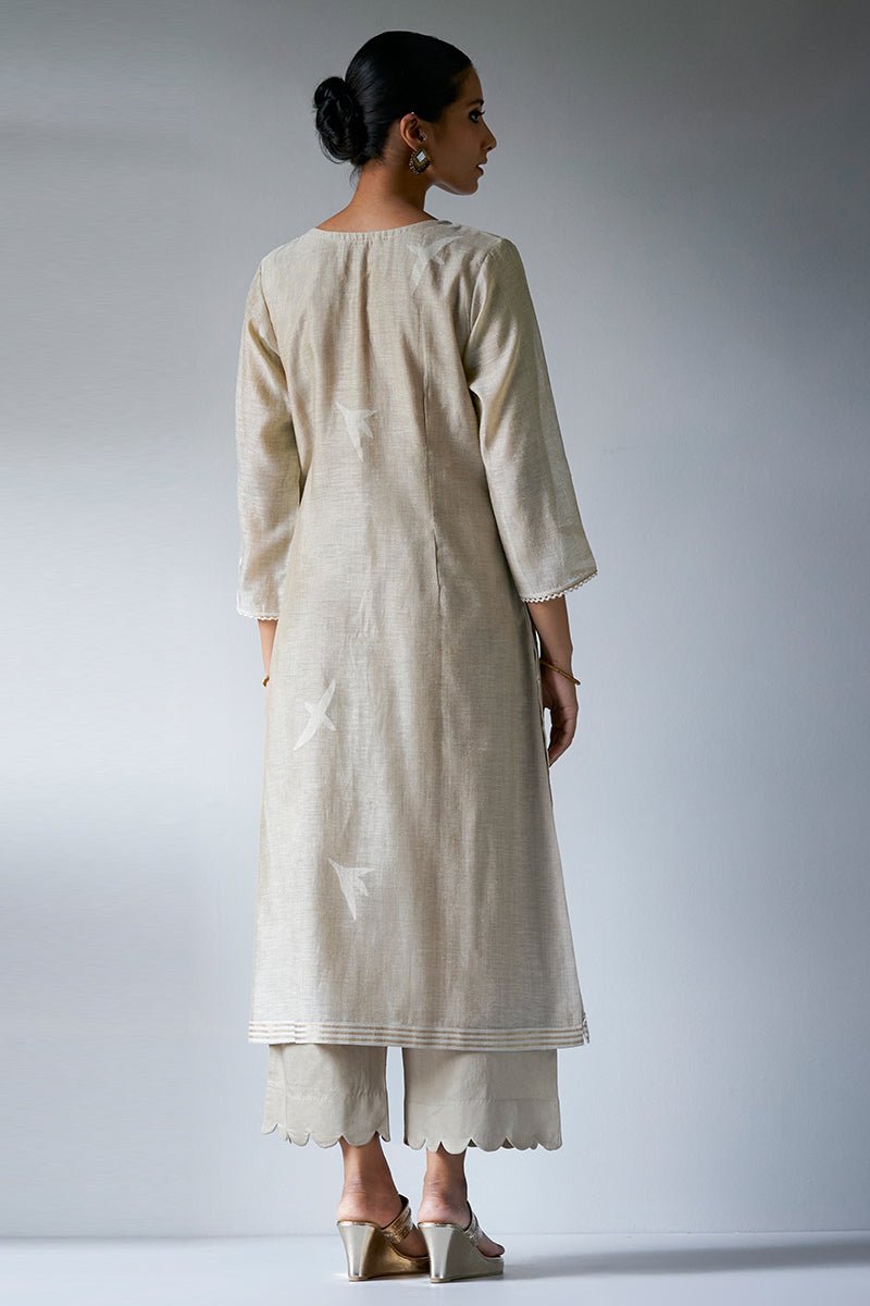 Women's Fog Beige Viscose Chanderi Woven Kurta Suit Set With Embroidery and Hand Work Detailing