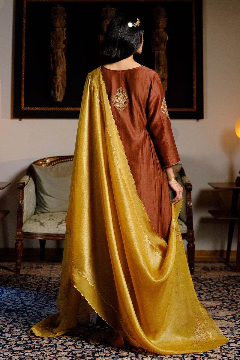 Women's Dark Chocolate Brown and Mustard Chanderi Silk Festive Kurta Set