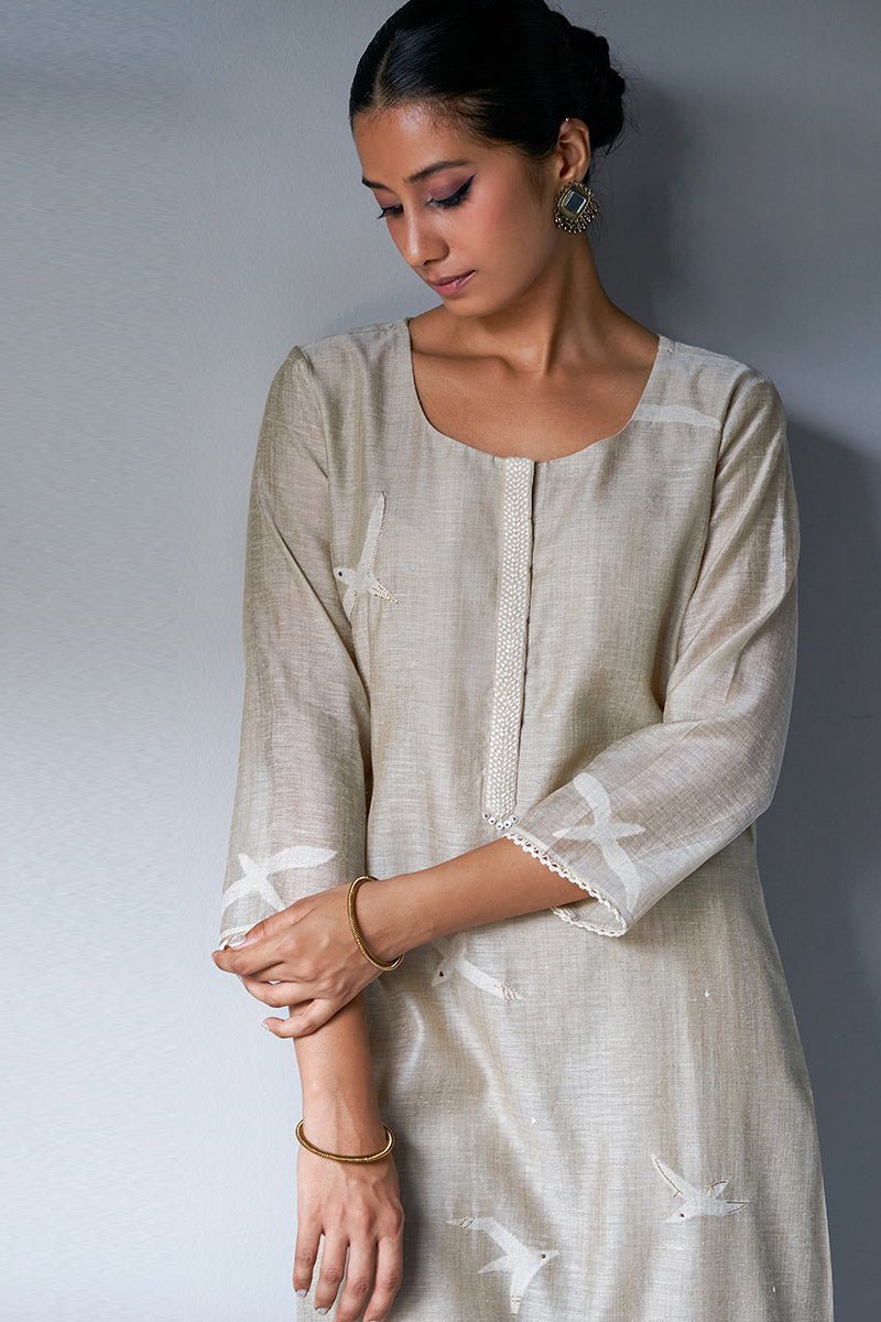 Women's Fog Beige Viscose Chanderi Woven Kurta Suit Set With Embroidery and Hand Work Detailing