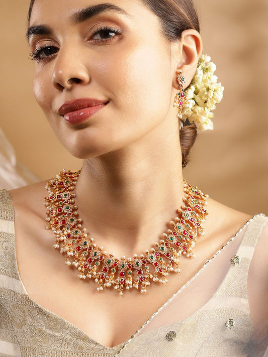 Dhiyona RJ Women's 24K Gold Plated Handcrafted Ruby & Emerald Studded & Pearl Beaded Jewellery Set