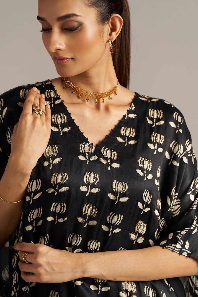 Dhiyona GF Women's Black Lotus Print Gaji Silk Festive Kaftaan Set ( Co-ord Set )