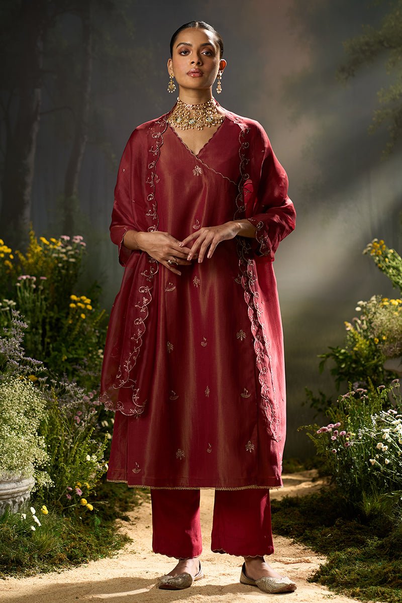 Dhiyona GF rumba red tissue silk angrakha festive kurta set