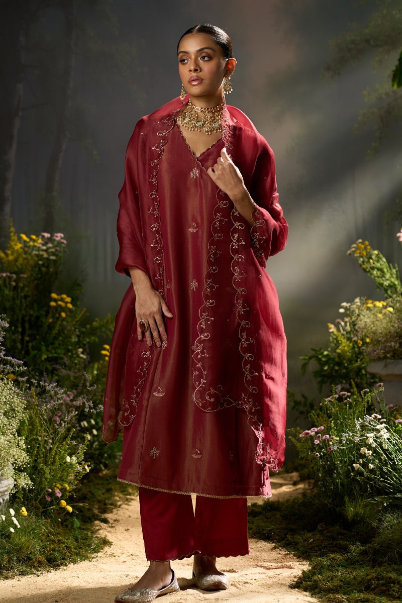 Dhiyona GF rumba red tissue silk angrakha festive kurta set