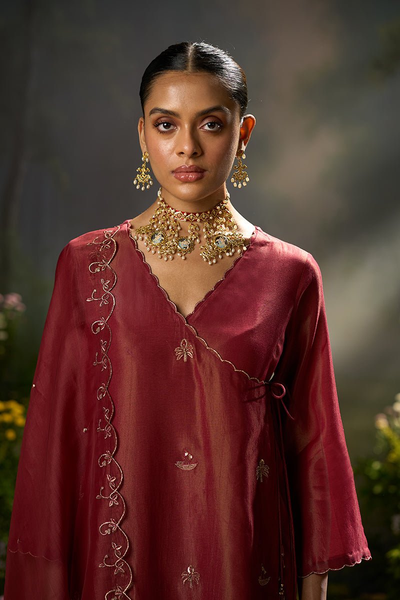 Dhiyona GF rumba red tissue silk angrakha festive kurta set