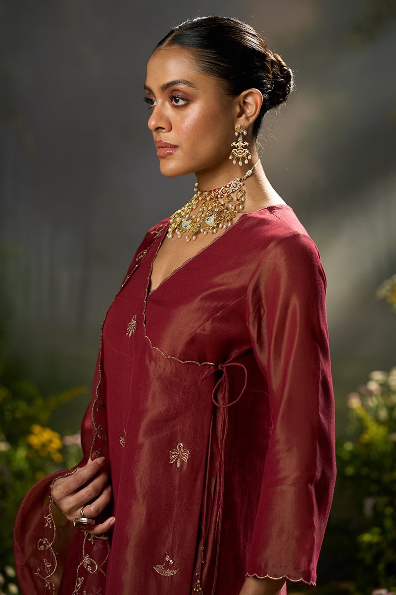 Dhiyona GF rumba red tissue silk angrakha festive kurta set