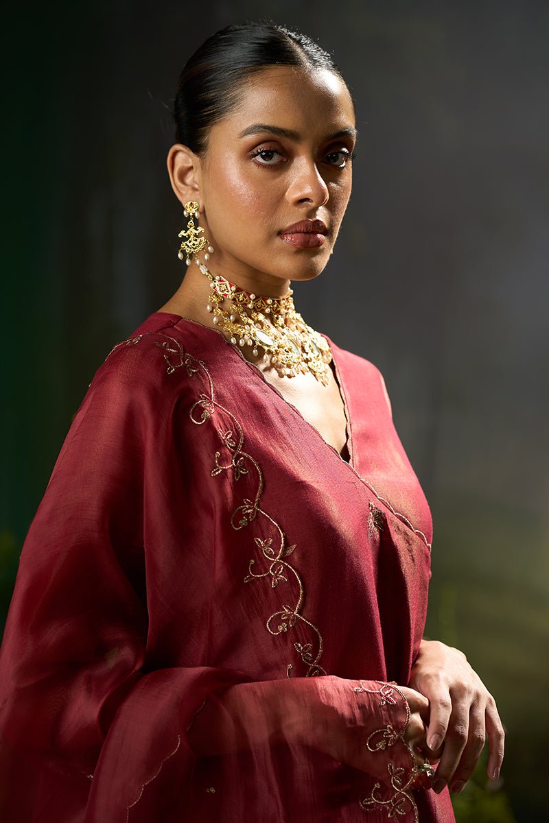 Dhiyona GF rumba red tissue silk angrakha festive kurta set