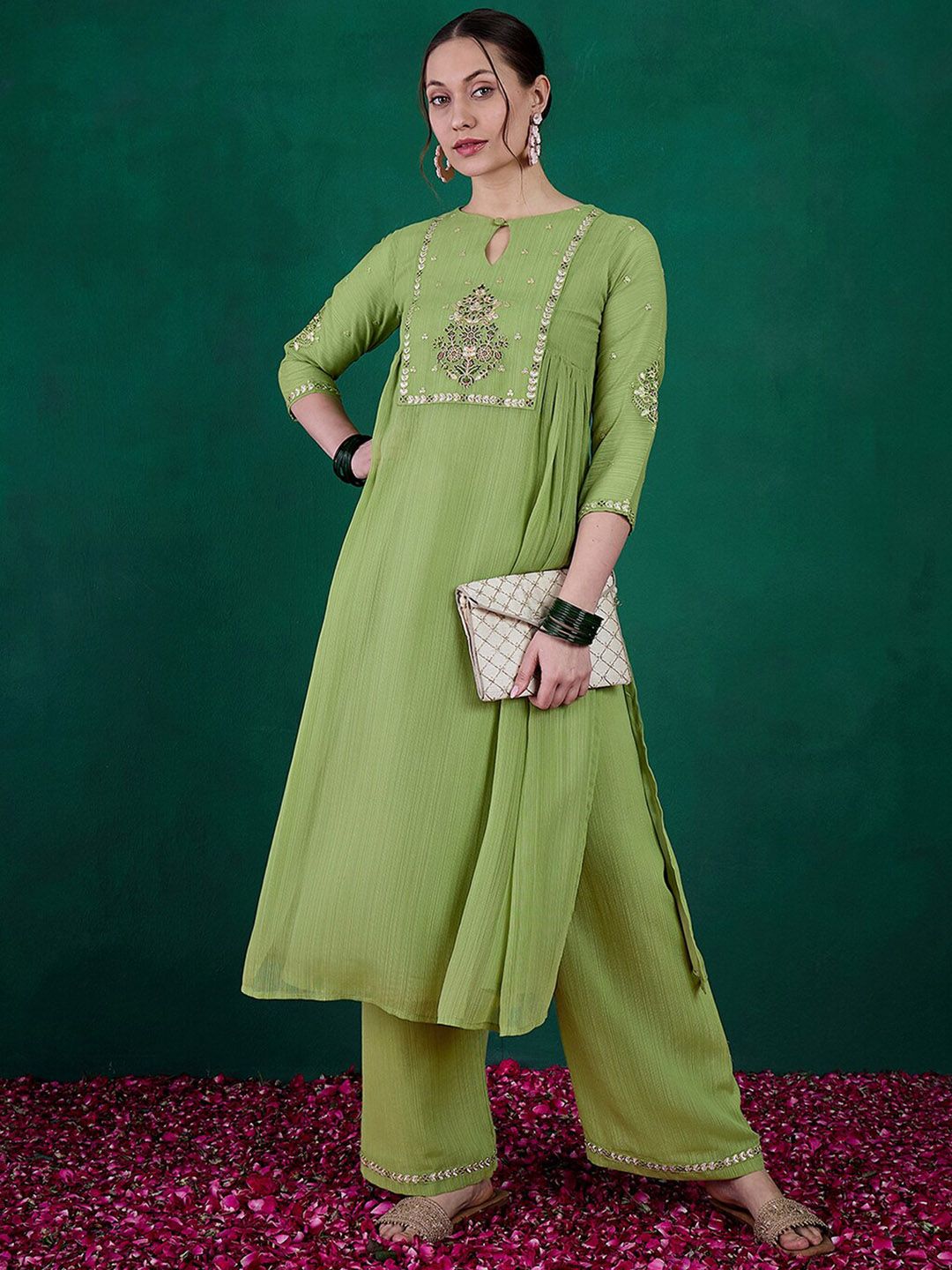 Dhiyona SN Women's Green Ethnic Motifs Embroidered Regular Sequinned Kurta with Palazzos