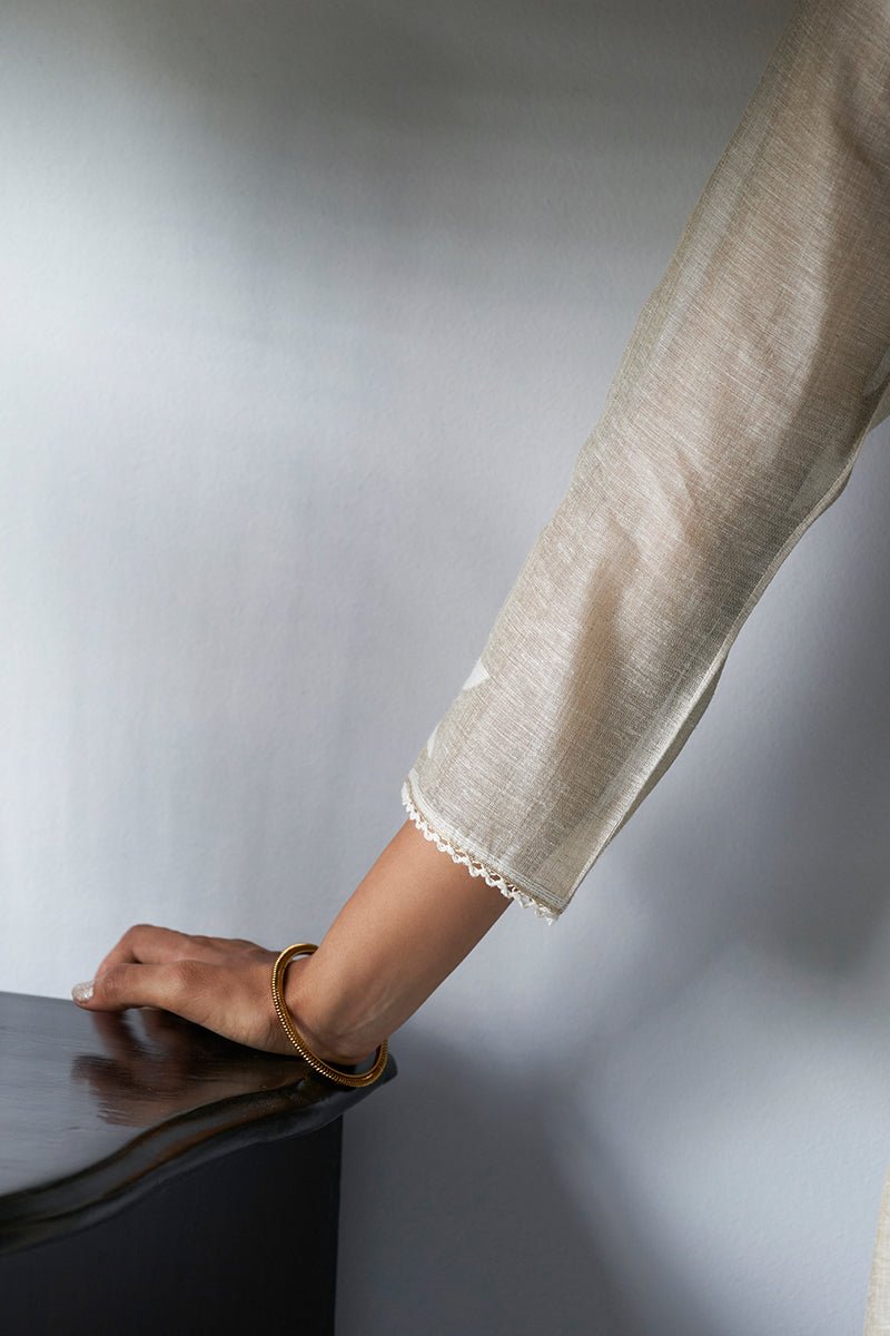 Women's Fog Beige Viscose Chanderi Woven Kurta Suit Set With Embroidery and Hand Work Detailing