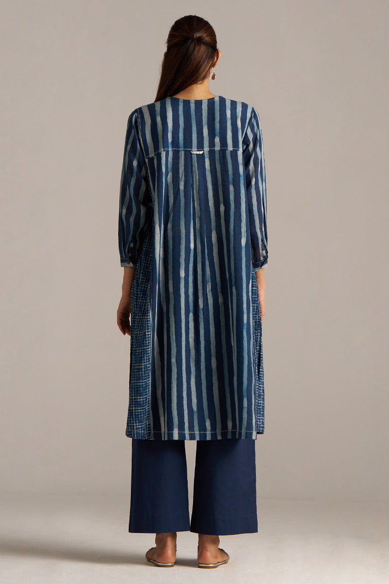 Dhiyona GF Women's Indigo Blue Stripe and Check Print Linen Co-ord Set