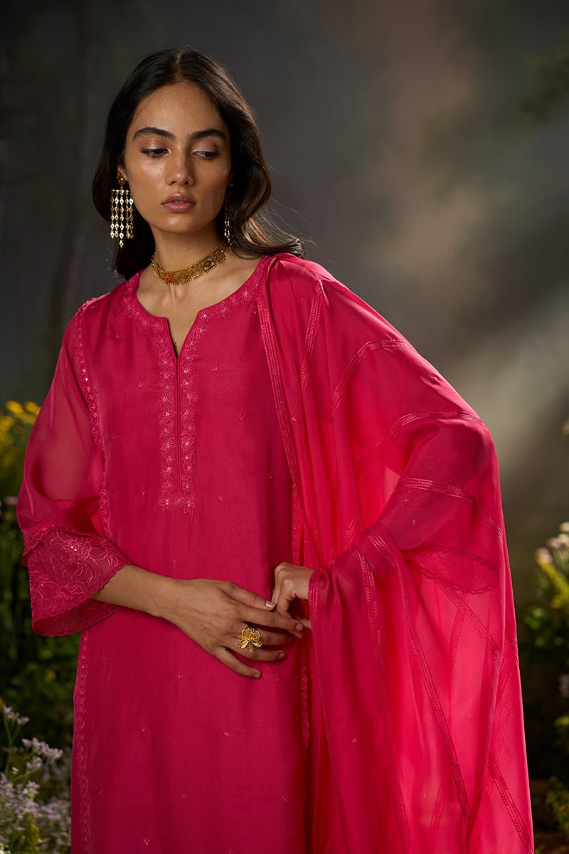 Woman wearing a bright pink traditional outfit with a sheer dupatta against a blurred natural background