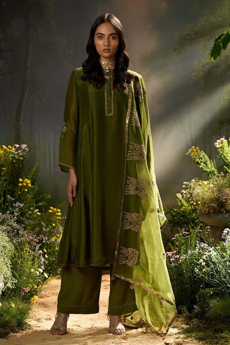 Dhiyona GF mehandi green silk festive kurta set