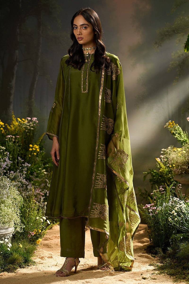Dhiyona GF mehandi green silk festive kurta set