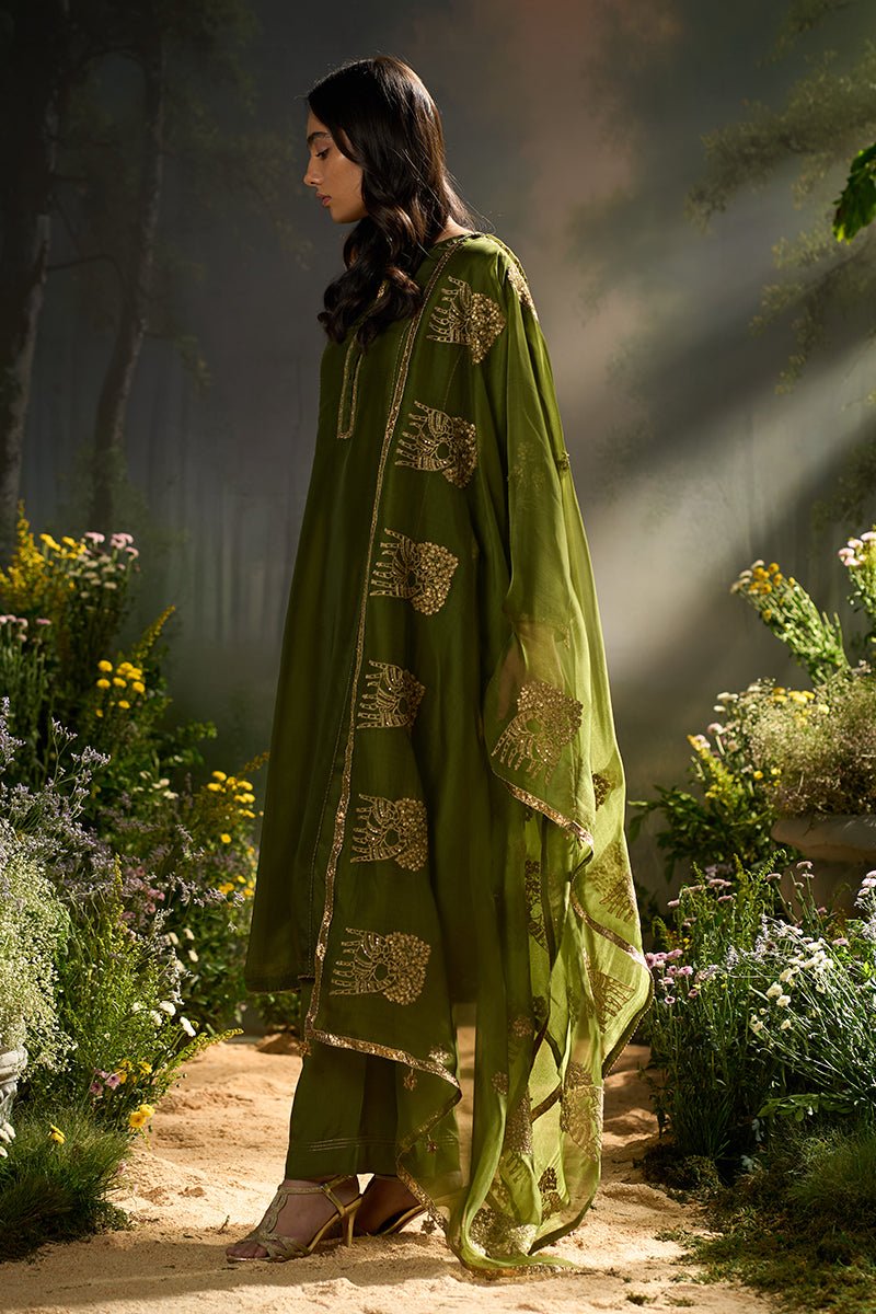Dhiyona GF mehandi green silk festive kurta set