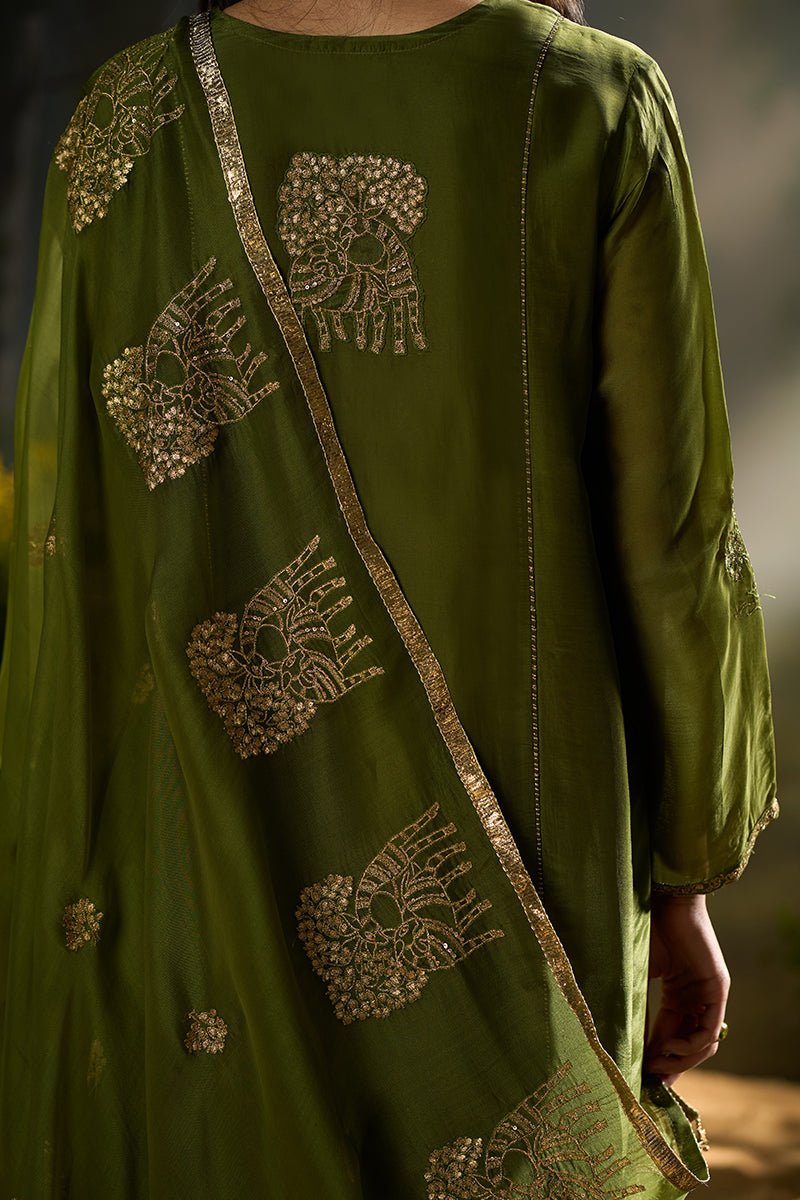 Dhiyona GF mehandi green silk festive kurta set